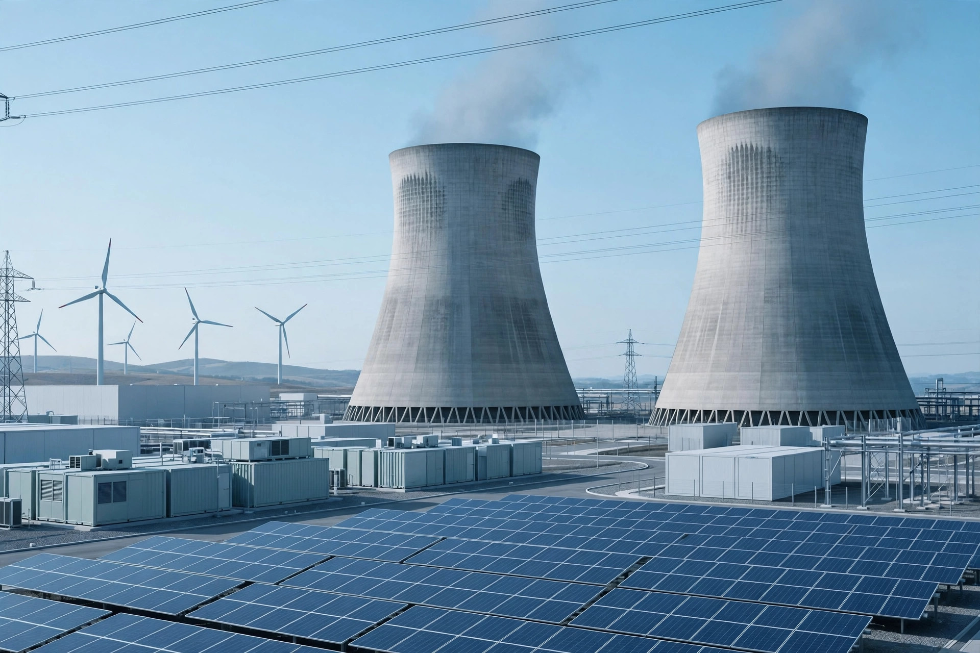 Clean industrial energy infrastructure against a clear sky
