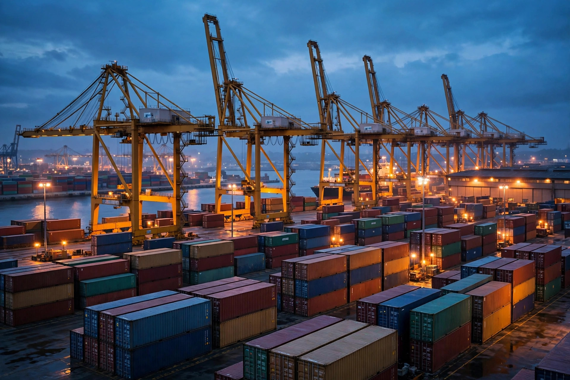 Container port with cranes at dusk